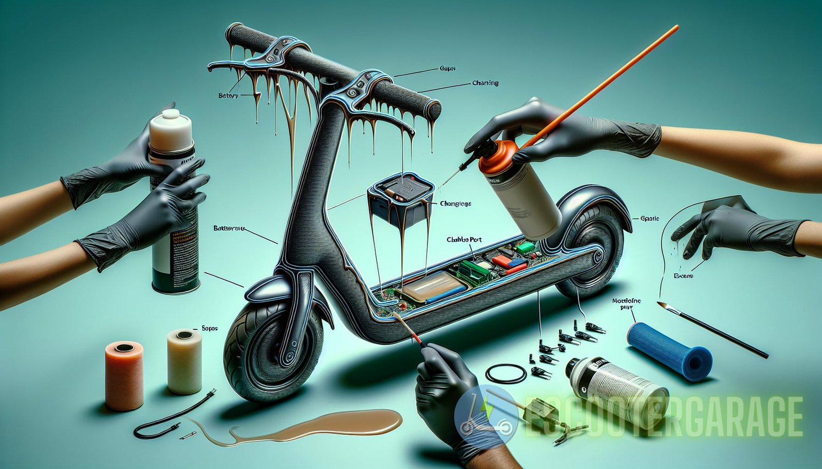 Illustration for section: Battery compartment Charging port Cable connections Joints and seams Use a silicone-based sealant to - escooter waterproofing